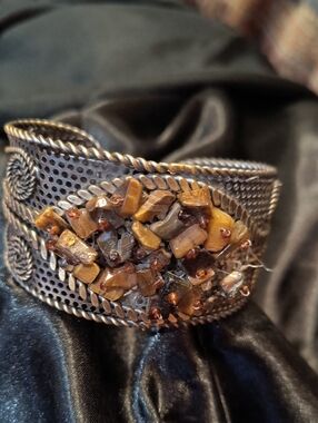 Unisex Handcrafted Mixed Metals Tiger Eye Bead Accent Cuff Bracelet